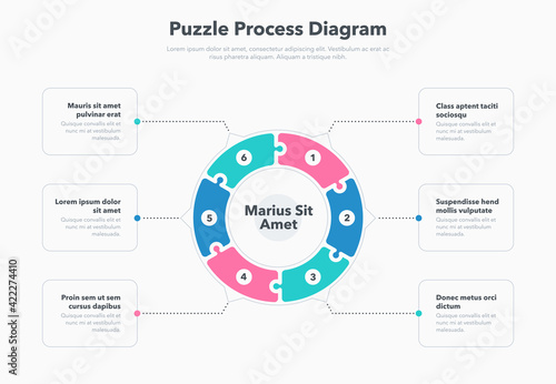 Simple concept for puzzle process diagram with six steps and place for your description. Flat infographic design template for website or presentation.