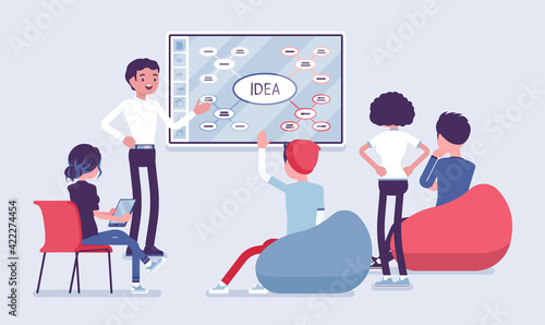 Interactive white board, smartboard presentation for start up. Young happy man, future entrepreneur standing at touchscreen, working with audience on new idea. Vector creative stylized illustration