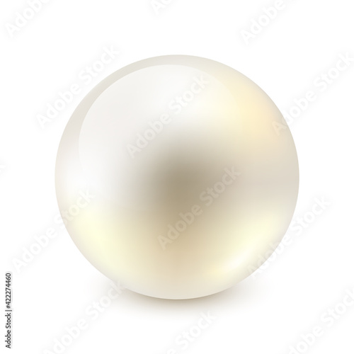 Realistic vector white ball isolated on white background. Single shiny natural sea pearl with light effects. One big beautiful yellow glossy pearl. Vector illustration EPS10