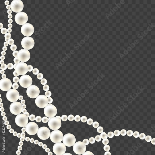 Shiny oyster pearls for luxury accessories. Vector pearl necklace on transparent background. Chains of pearls forming an ornament. Beautiful natural  jewelry