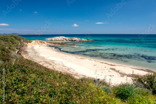 crystal clear water and white sand in Scoglio di Peppino beach, Costa rei, Sardinia
