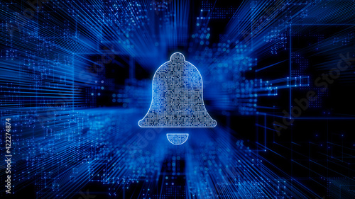 Alert Technology Concept with bell symbol against a Futuristic, Blue Digital Grid background. Network Tech Wallpaper. 3D Render  photo
