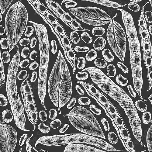 Hand drawn broad beans seamless pattern. Organic fresh food vector illustration on chalk board. Retro pods illustration. Engraved botanical style cereal background.