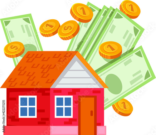 An image of a red house and money. Paper bills and gold coins. Vector illustration on white background. The concept of a sale, a loan or a home purchase.