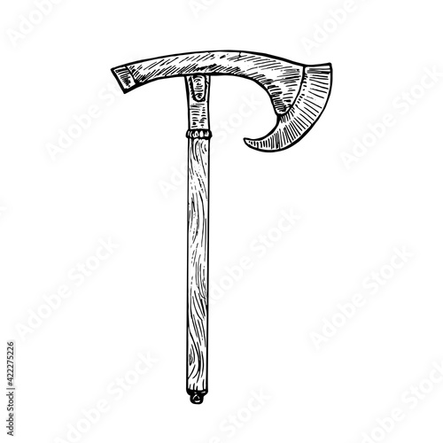 Battle axe with wooden handle, gravure style hand drawn vector outline illustration