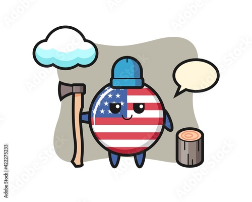 Character cartoon of united states flag badge as a woodcutter