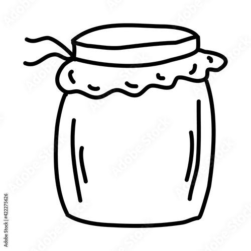One hand-drawn jam jar. Doodle vector illustration. Isolated on a white background, black and white graphics