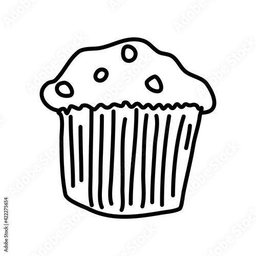 One hand-drawn cupcake. Doodle vector illustration. Isolated on a white background, black and white graphics
