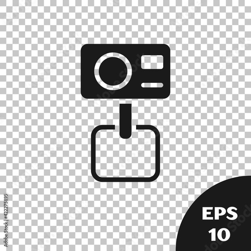 Black Action extreme camera icon isolated on transparent background. Video camera equipment for filming extreme sports. Vector