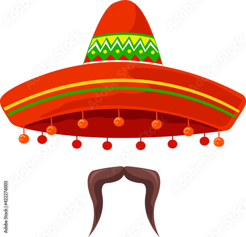 Sombrerro and mustache. Mexican National Headgear. Vector on white background.