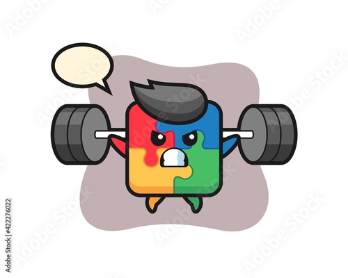 puzzle mascot cartoon with a barbell