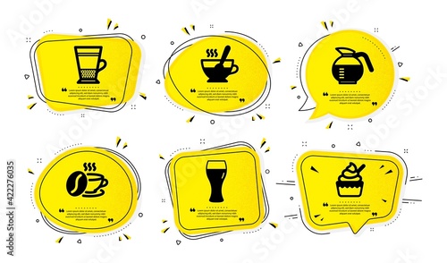 Coffeepot, Coffee cup and Beer glass icons set. Double latte, Tea cup and Ice cream signs. Vector