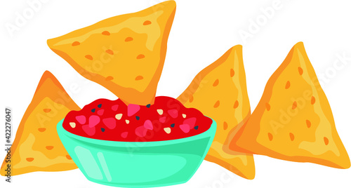 Nachos is dipped in a red sauce. On a white background. Vector illustration.