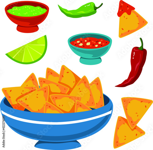 Nachos and sauces of salsa and lime. Mexican national food. Vector on white background. Street food.