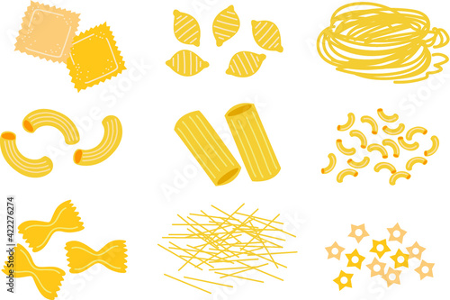  pasta. The inscription on the top. Vector illustration on white background. In the cartoonish cheerful flat style.