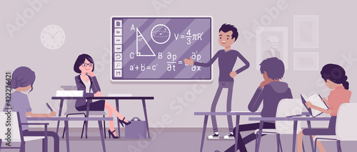 Interactive whiteboard, smart board learning and presentation for university. Boy standing at touchscreen in front of classroom, explaining lesson for students. Vector creative stylized illustration