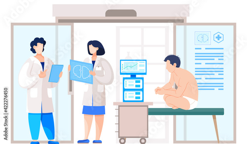 People in lab coat examine fluorography, working with equipment. Chemical research in laboratory