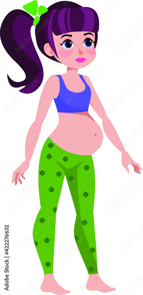 pregnant woman in green sportive suit on white background. Cartoon character. Vector illustration. Clipart flat illustration.