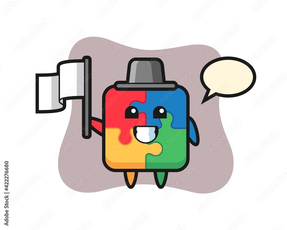 Cartoon character of puzzle holding a flag Cartoon character of puzzle holding a flag