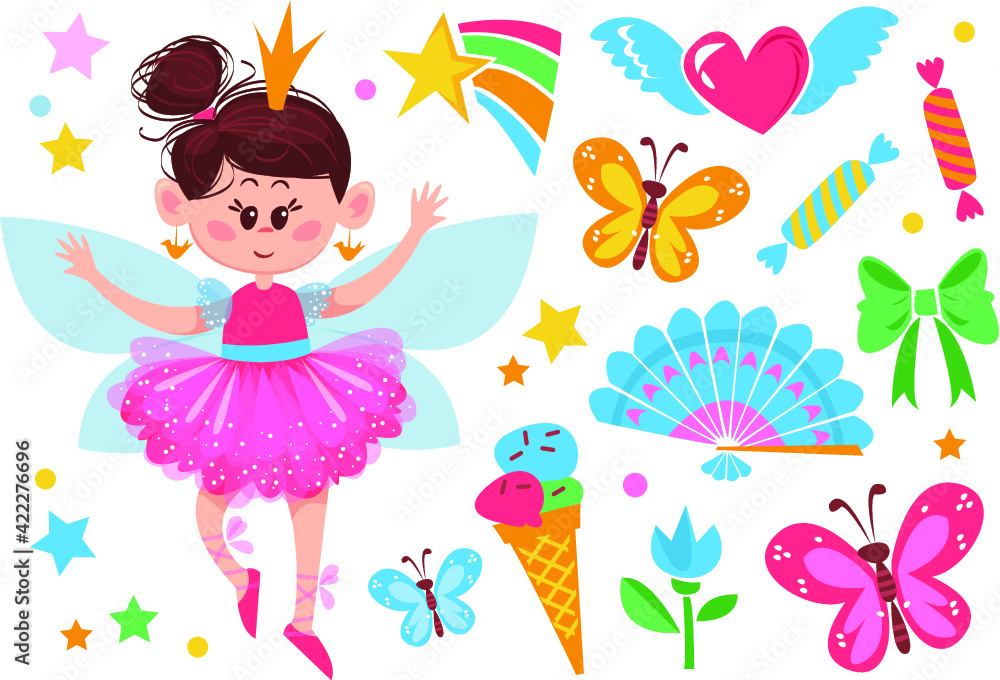 Princess stickers. Different elements associated with girly symbols. Fan, heart, butterfly, ice cream, flower, candy. Suitable for scrapbooking and decoration. Vector illustration on white background