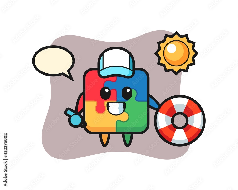 Cartoon mascot of puzzle as a beach guard