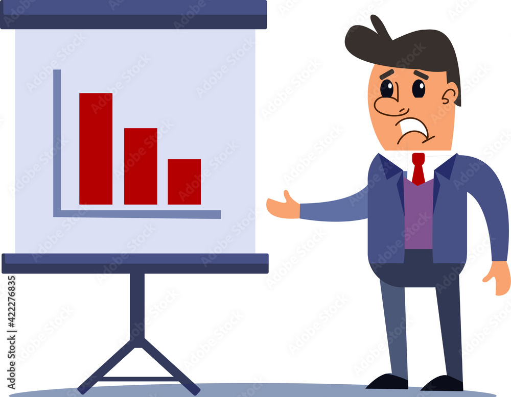 Businessman manager shows a presentation with a curve of growth and falling profits. Cartoon character sadness. Vector illustration. Clipart flat illustration. Businessman manager shows a presentation with a curve of growth and falling profits. Cartoon character sadness. Vector illustration. Clipart flat illustration.