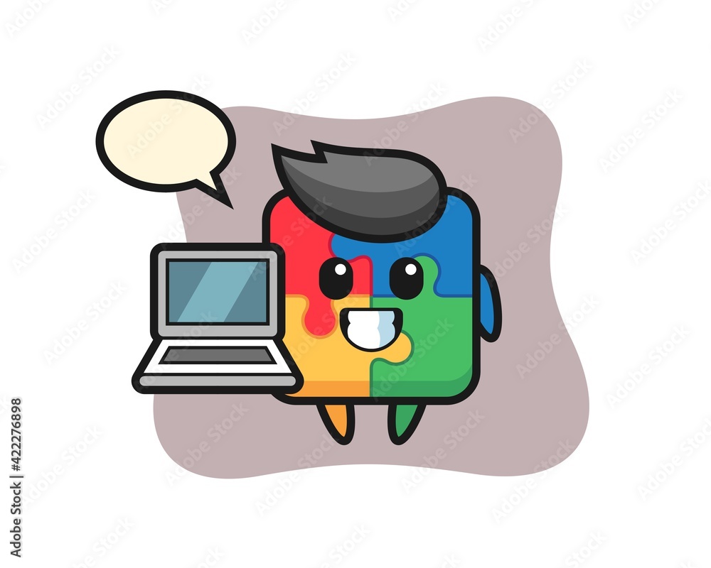 Mascot Illustration of puzzle with a laptop