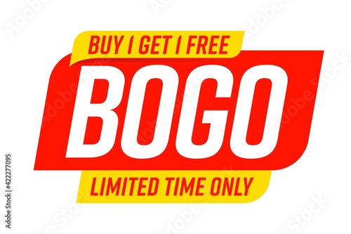 Bogo badge template with buy one get one limited time offer. Store gift, shop bonus, market wholesale, holiday discount marketing promo vector illustration isolated on white background