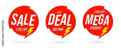 Half price hot deal for shopping sale round template set. Red sticker, badge, label with mega discount sale up to 50 percent off, offer buy now and lightning bolt design vector illustration isolated