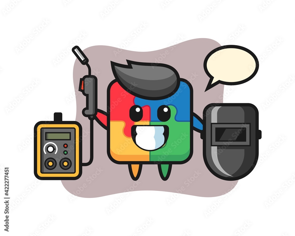 Character mascot of puzzle as a welder Character mascot of puzzle as a welder