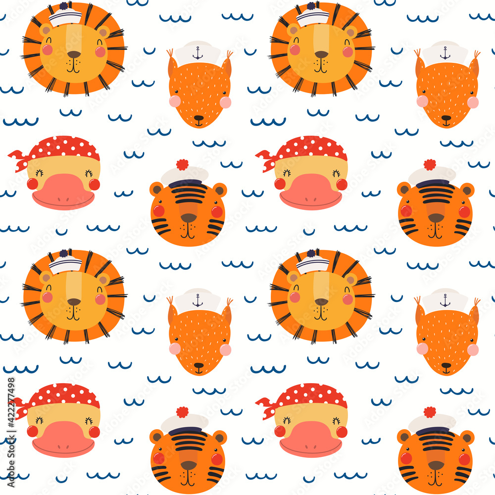 Cute animals in sailor hats, sea waves nautical seamless pattern on ...