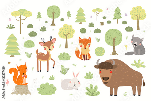 Cute wild animals, forest scene, woodland landscape, isolated on white background. Hand drawn vector illustration. Scandinavian style flat design. Concept for kids fashion, textile print, poster, card