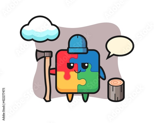 Character cartoon of puzzle as a woodcutter