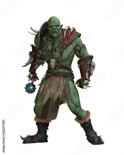 3D illustration of an Orc warrior holding a brutal weapon. © IG Digital Arts