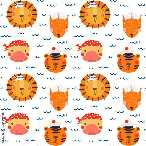 Cute animals in sailor hats, sea waves nautical seamless pattern on white background. Hand drawn vector illustration. Scandinavian style flat design. Concept for kids textile print, wallpaper, package
