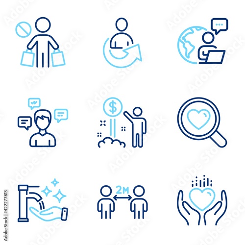 People icons set. Included icon as Hold heart, Washing hands, Conversation messages signs. Vector