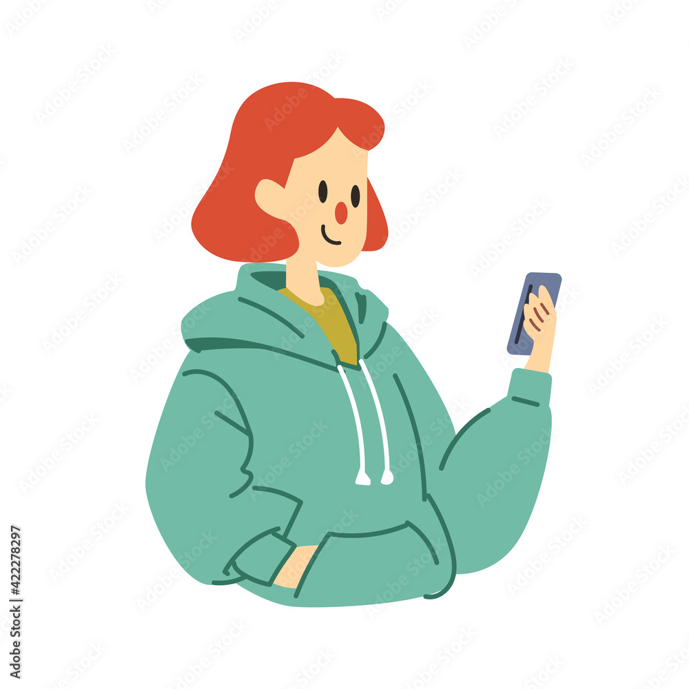 A woman using their smartphone cute flat vector illustration. Portrait of woman using mobile phone for 
 communication, social media, mobile internet and any business.