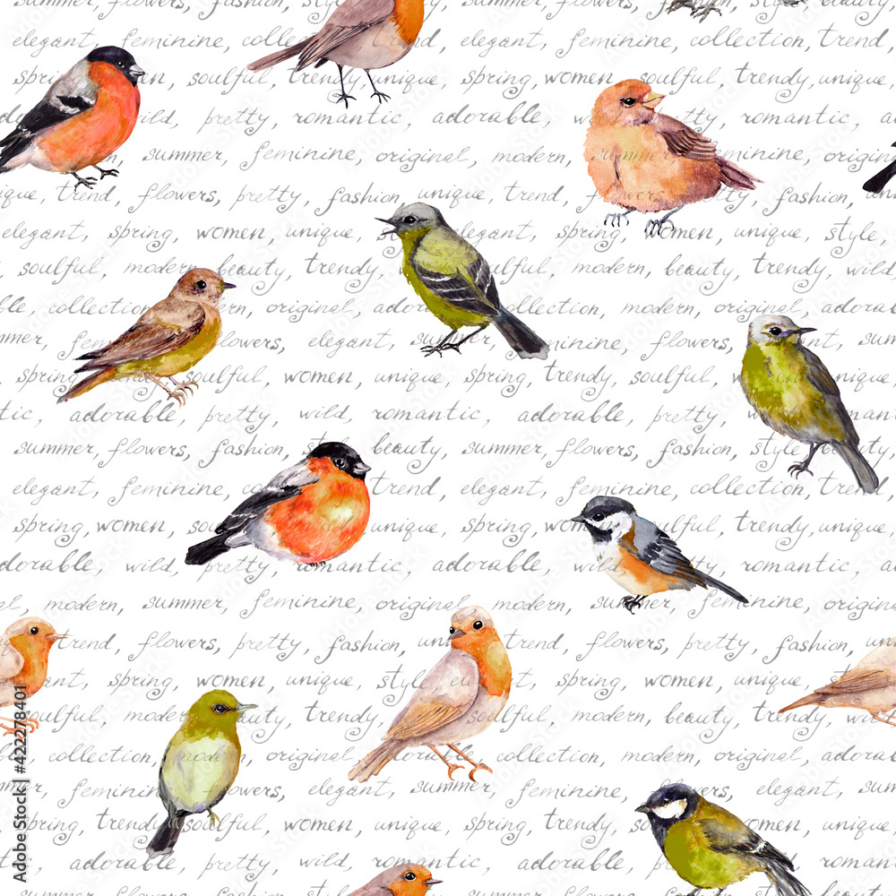 Repeating wallpaper - various birds. Watercolor natural seamless background with hand written text notes Repeating wallpaper - various birds. Watercolor natural seamless background with hand written text notes