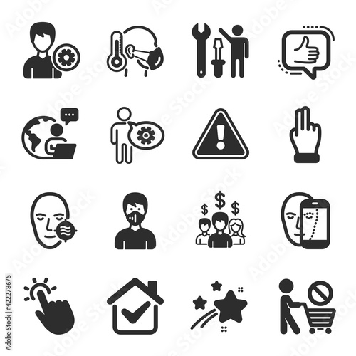 Set of People icons, such as Cogwheel, Repairman, Click hand symbols. Support, Problem skin, Like signs. Vector