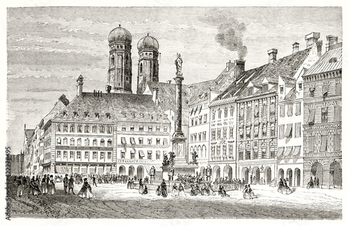 Mariensaule (Madonna's column) fronting a large corner of old buildings in Marienplatz, Munich, Germany. Ancient urban life going on. Grey tone etching style art by Lancelot, Le Tour du Monde, 1862