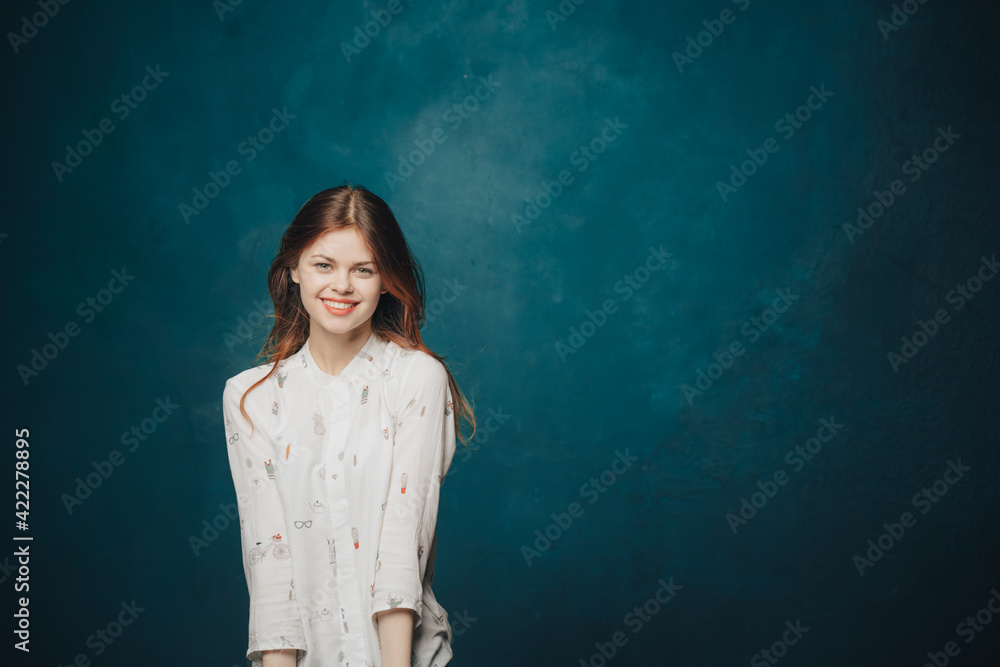 happy woman in blue hat on dark background and shirt model Copy Space happy woman in blue hat on dark background and shirt model Copy Space