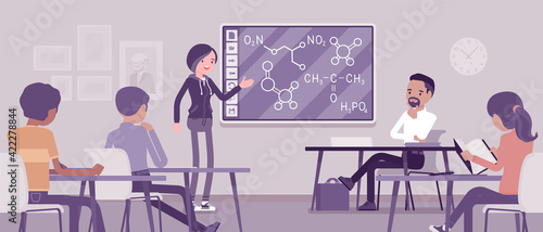 Interactive whiteboard, smart board learning and presentation for university. Girl standing at touchscreen in front of classroom, explaining lesson for students. Vector creative stylized illustration