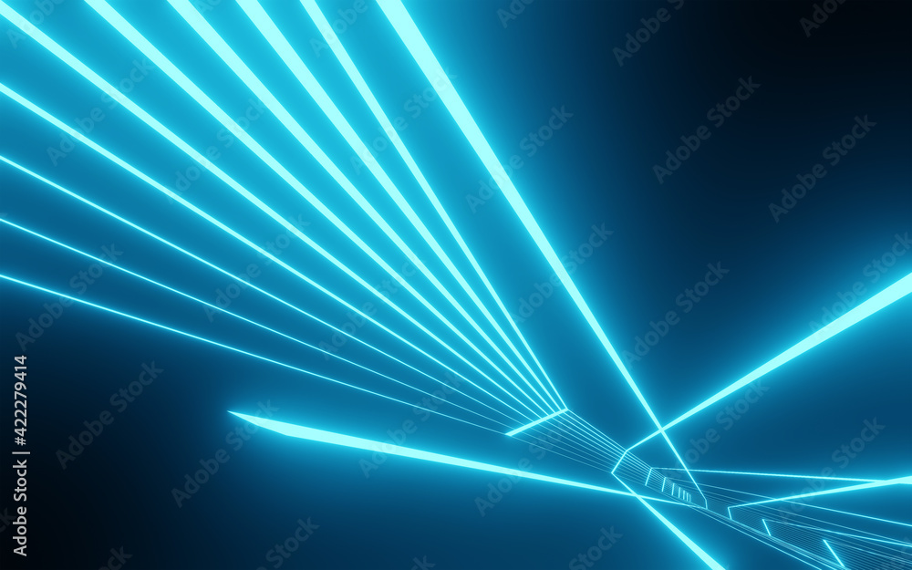Abstract Background 3D rendering blue room with stripes of neon lights ...