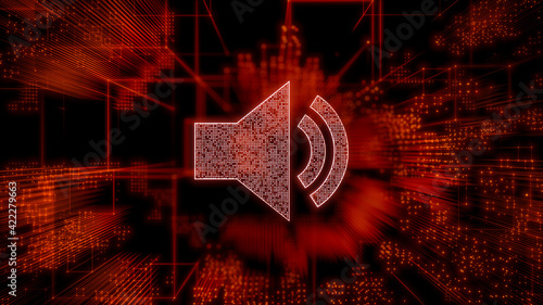 Sound Technology Concept with audio symbol against a Futuristic, Orange Digital Grid background. Network Tech Wallpaper. 3D Render  photo
