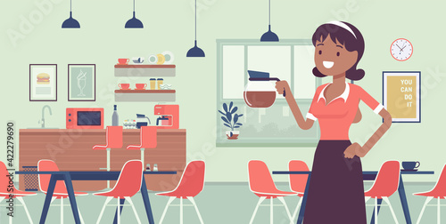 Small scale business-owner, privately owned cafe shop. Young woman, successful entrepreneur, individual start up project for selling light meals and drinks. Vector creative stylized illustration