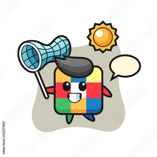 rubik cube mascot illustration is catching butterfly