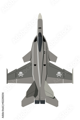 Nursery military airplane drawing. Army fighter plane in cartoon style. Isolated warplane art for boys playroom decor. Top view. Print for toddler wall art