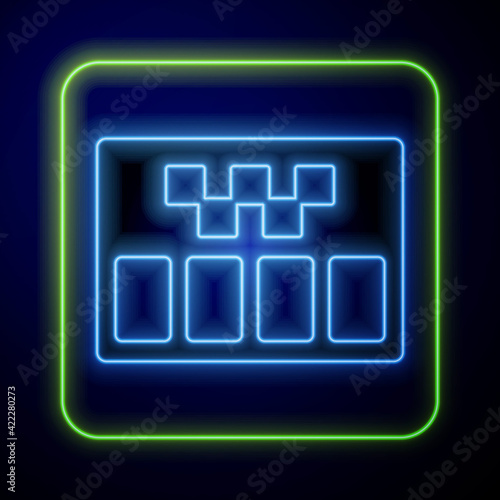 Glowing neon Taximeter device icon isolated on blue background. Measurement appliance for passenger fare in taxi car. Vector