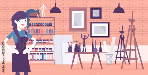 Small scale business-owner, privately owned art store. Woman, successful entrepreneur, individual start up project, supplies for drawing, painting, sculpting. Vector creative stylized illustration