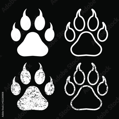 Animal paw print with claws vector icon. Grunge texture. Wildlife or petshop store and vet logo. Dog or cat footprint trail sign. Pet foot shape mark symbol. Silhouette isolated on background.